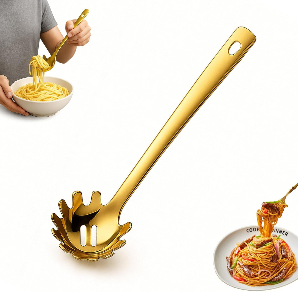 Stainless Steel Pasta Spoon with Teeth Pasta Server & Spaghetti Spoon with Drain Holes for Noodles, Pasta, Cooking & Serving (Gold)