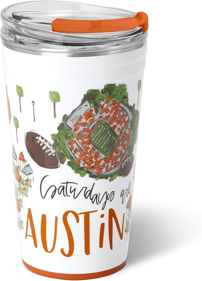 Swig Life 24oz Party Cup, Stackable Insulated Travel Coffee Tumbler with EZ Slider Lid, Cup Holder Friendly, Stainless Steel 24 oz Tumbler, Reusable Coffee Mug (Saturdays in Austin)