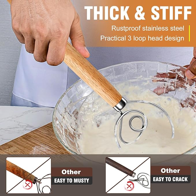 Walfos Wood Danish Dough Whisk Set 2pcs Wooden Danish Sourdough Bread Dough Whisks with Stainless Steel Ring, Kitchen Hand Bread Mixer Dough Whisking Tools for Sourdough, Cake, Pizza, Pastry