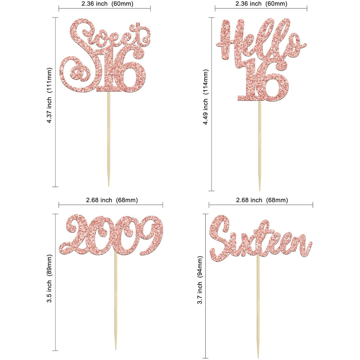 Gyufise 24pcs 16th Birthday Cupcake Toppers - Rose Gold Glitter Hello Sweet 16 Cupcake Picks - 2009 16th Birthday Cake Decorations for Anniversary Party Supplies