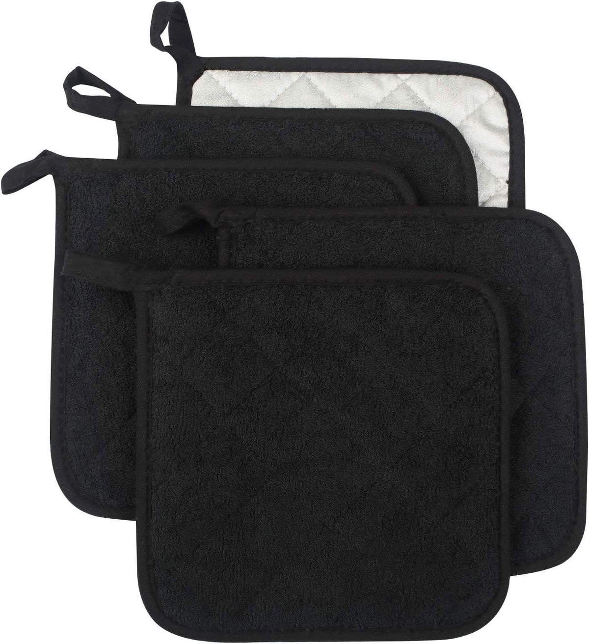 100% Cotton Kitchen Everyday Basic Terry Pot Holder Heat Resistant Coaster Potholder for Cooking and Baking Set of 5 Black