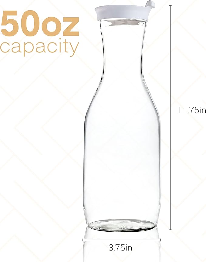 Clear Plastic Water Pitchers Carafes with Flip top White Lids 50 OZ Heavy Duty Beverage Pitcher Jug for Juice or iced Coffee Great for Mimosa bar Restuarants ot Schools Pack of 6