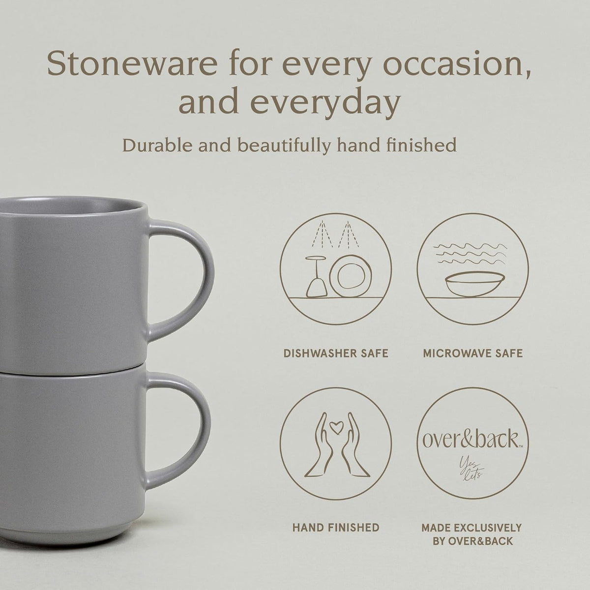 over&back Stackable Stoneware Coffee Mugs - 4-Piece Mug Set - Enjoy the Perfect Cup of Coffee, Tea, Latte, and More - Semi-Matte Charcoal - 14oz