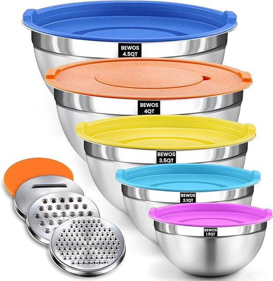 BEWOS Mixing Bowls with Lids Set - 5 Pcs Stainless Steel Mixing Bowls With 3 Grater Attachments, Size 4.5, 4, 3.5, 2.1, 1.5QT Metal Bowls for Baking and Serving (Colored)