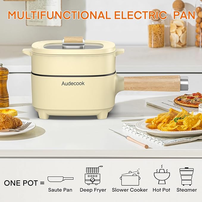Audecook Hot Pot Electric 2L, Cermic Glaze Non-Stick Frying Pan 8 Inch, Portable Travel Cooker for Ramen/Steak/Fried Rice/Oatmeal/Soup, with Dual Power Control (Silicone Spatula Included)