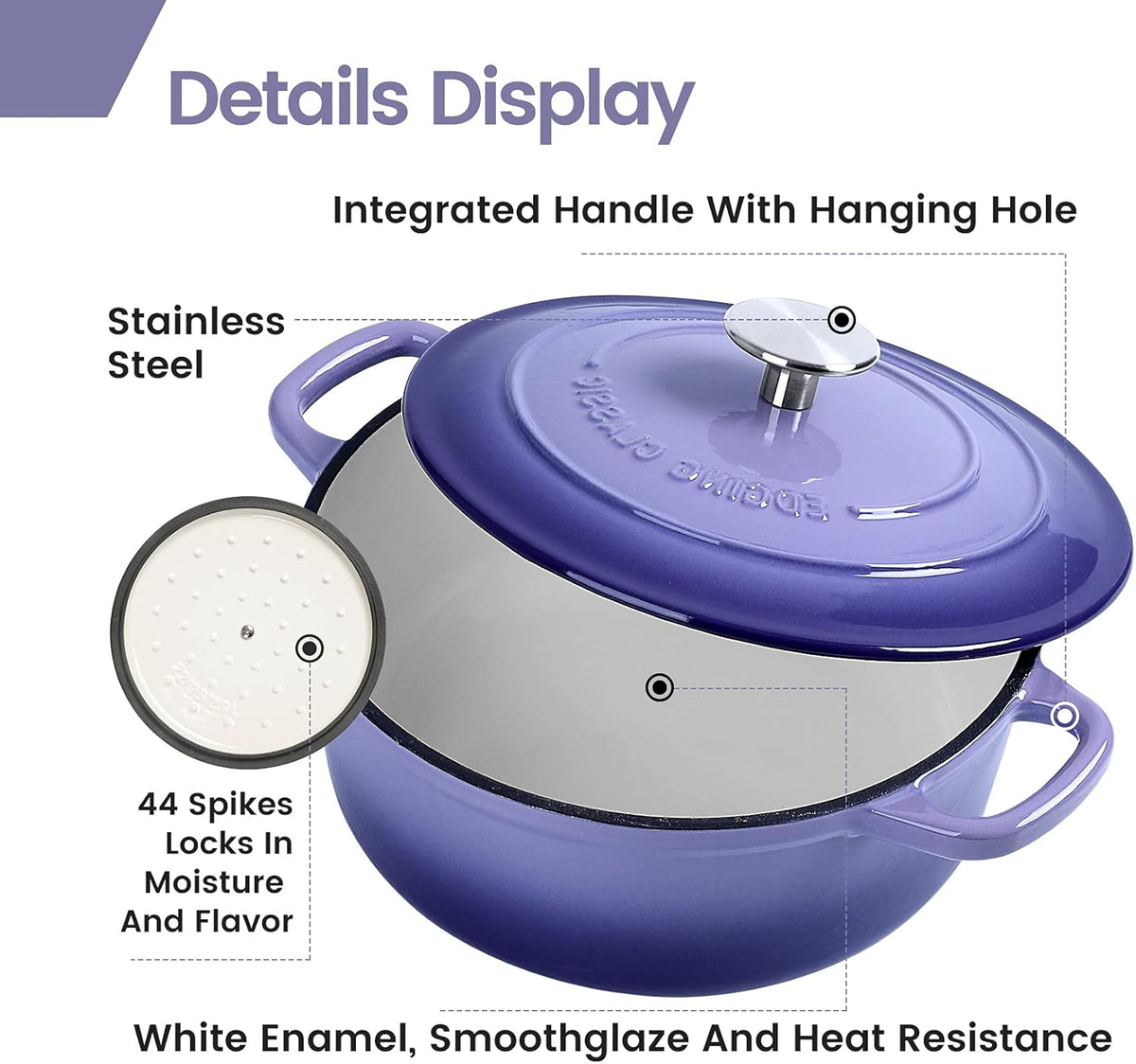 Enameled Cast Iron Duch Oven, 5.5 Quart Round Dutch Ovens Pot with Lid, Dual Handle for Bread Baking, Purple