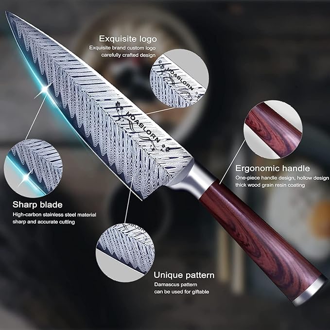Damascus Knife Block Set 15PCS Kitchen Knife Set with Block Premium Chef Knife Stainless Steel,Japanese Kitchen Knife, with Exrtra Cutting Board Wine Corkscrew Set