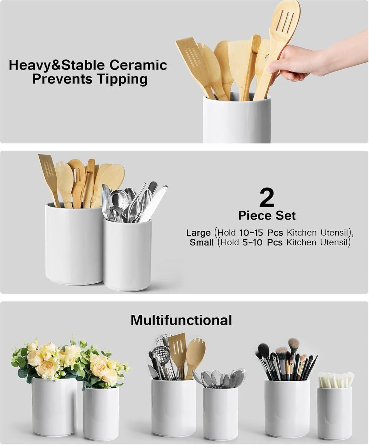 Set of 2 Utensil Holder, 7"+5" Ceramic Kitchen Utensil Holder for Countertop, Large Cooking Utensil Crocks for Counter, Morden Utensil Organizer for Spatula, Kitchen Decor (Grey)