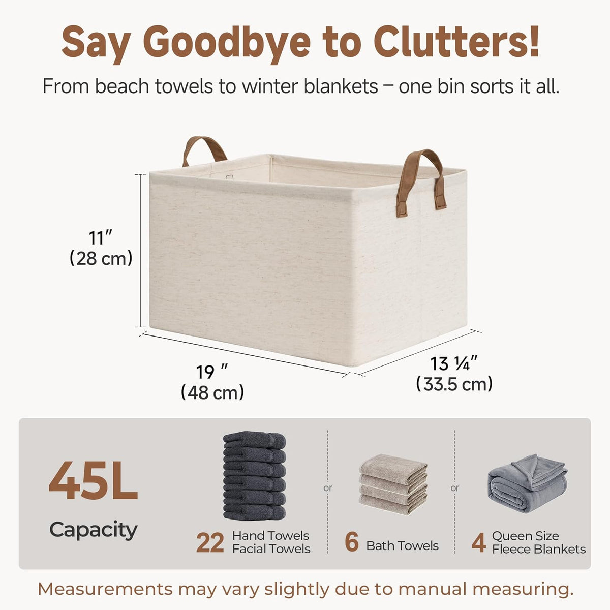 StorageWorks Storage Bins, Shelves Baskets for Organizing, 45L Extra Large Fabric Closet Organizers with Handles, Metal Frame, Beige（Cotton-linen）, 2-Pack