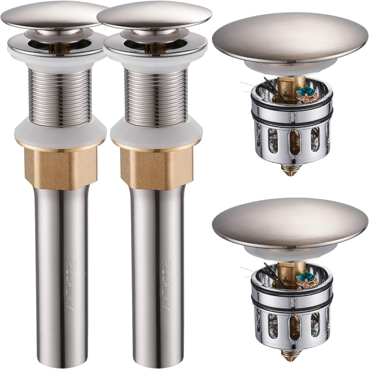 Bathroom Sink Drain Stopper Without Overflow, Pop Up Drain with Detachable Hair Catcher for Lavatory Vanity Vessel Sink, Brushed Nickel 2 Pack, RM082B-P2