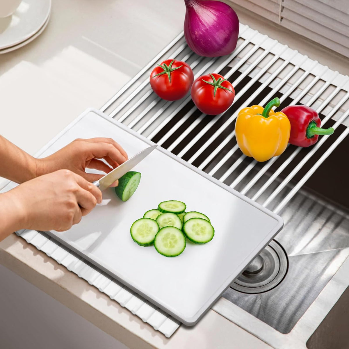 Roll Up Dish Drying Rack Over The Sink Kitchen Roll Up Sink Drying Rack Multipurpose Foldable Sink Drying Mat, Heat-Resistant, Anti-Slip & Anti-Rust Dish Rack for Kitchen, 20.5" x 13", White