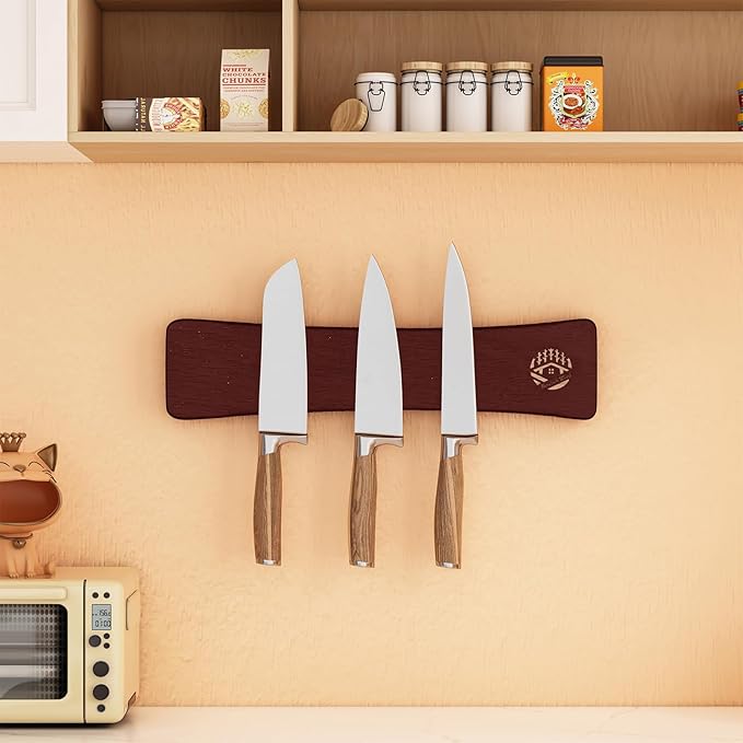 Magnetic Knife Holder for Wall 10 Inch, Premium Oak Wood Magnetic Knife Strip with N52 Strong Magnets, No Drilling Wooden Knife Rack Bar for Kitchen Knives & Tools（Black Walnut Color）