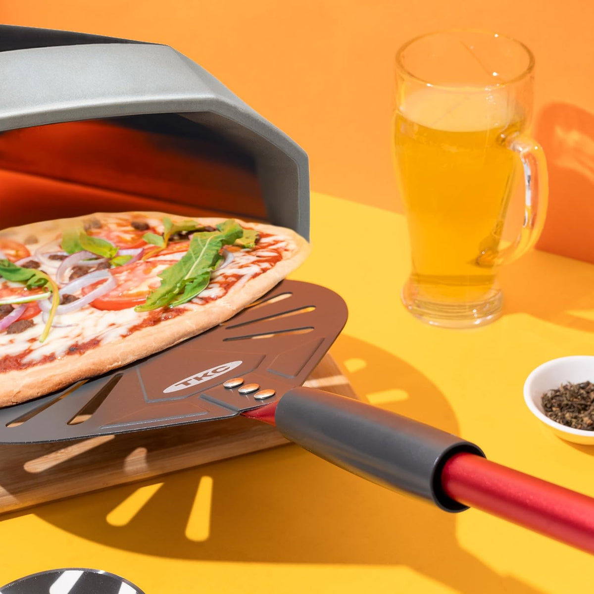 TKC 9" Perforated Pizza Peel, Professional Aluminum Pizza Turning peel, Long Handle Metal Pizza Spatula for Indoor and Outdoor, Lightweight Non-Stick Pizza Turner - Pizza Oven Accessories RED