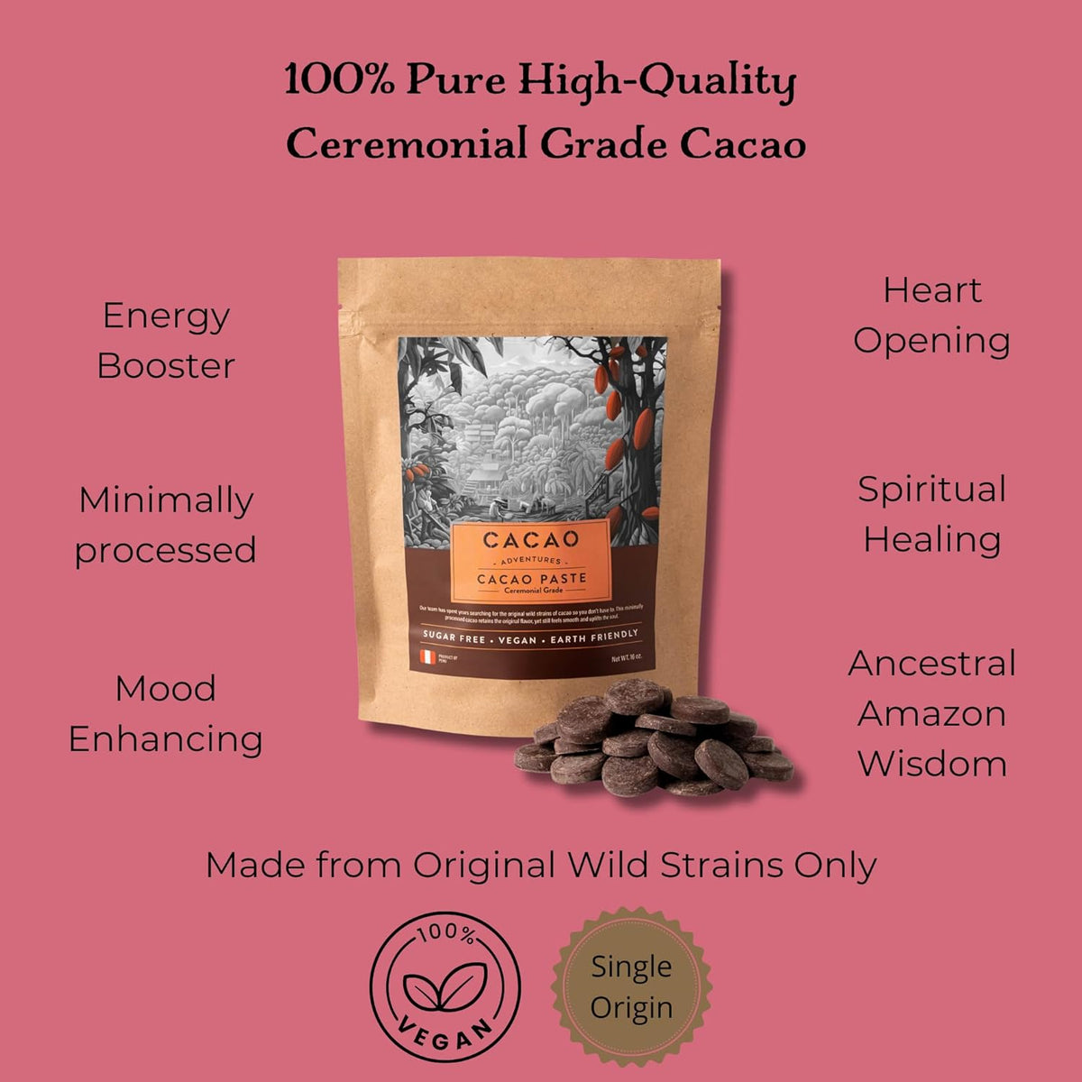 Cacao Adventures Ceremonial Grade Cacao | 100% Pure | Dairy Free & Vegan | Unsweetened |Ethically sourced and sustainably grown |Vegan Peruvian, 5 Pound (Pack of 1)