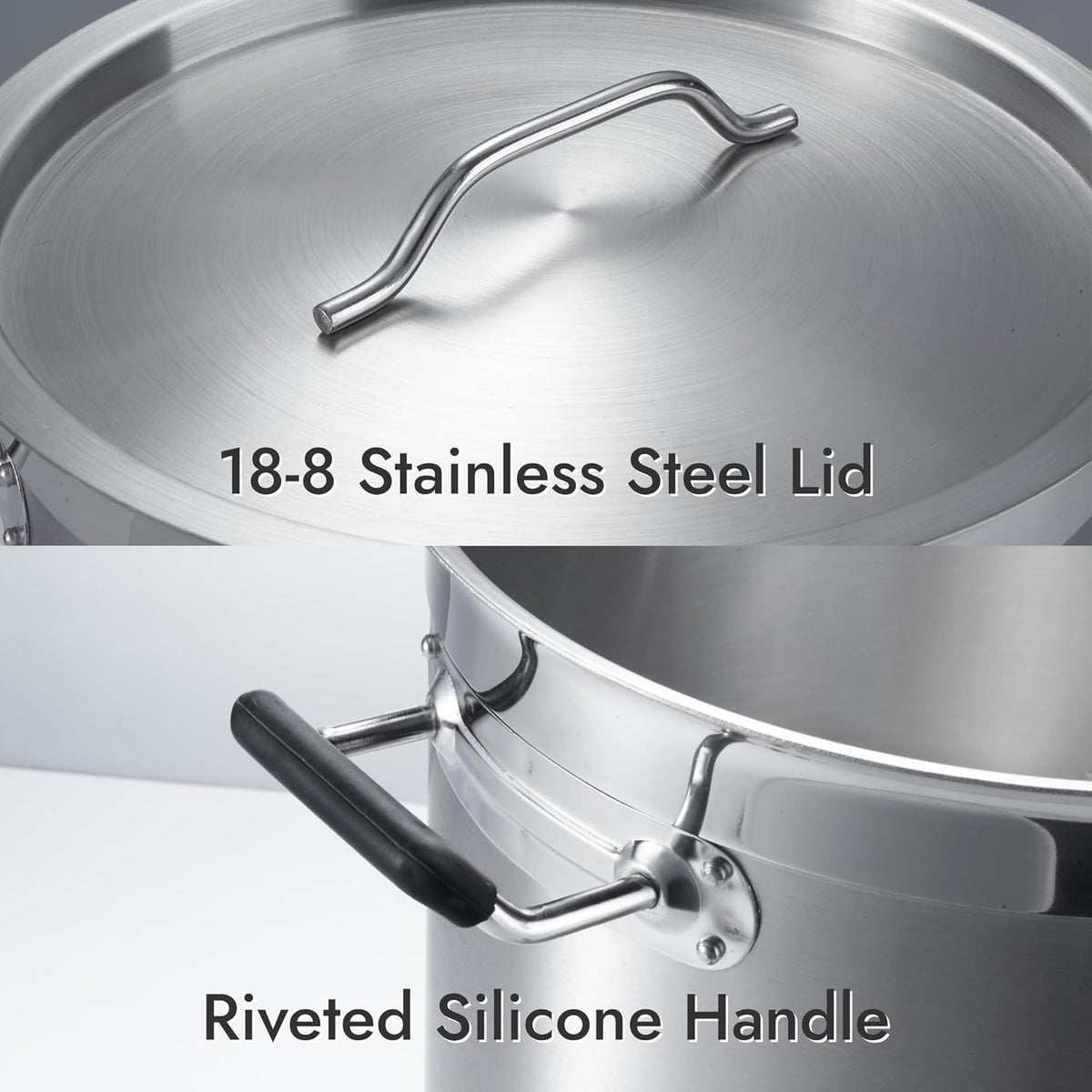 CURTA 32 Quart Large Stock Pot with Lid, NSF Listed, Induction Ready, 3-Ply Clad Base, 18/8 Stainless Steel Cooking Pot, Commercial Cookware for Soup, Stew & Sauce, Riveted Silicone Handle