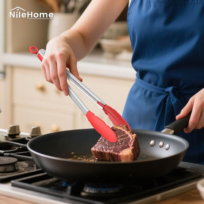 NileHome Tongs for Cooking, Professional Stainless Steel Cooking Tongs – Heat-Resistant for Grilling, BBQ, Serving Salad, Pasta, and Kitchen Use, Dishwasher Safe, Set of 7" 9" 12", Red