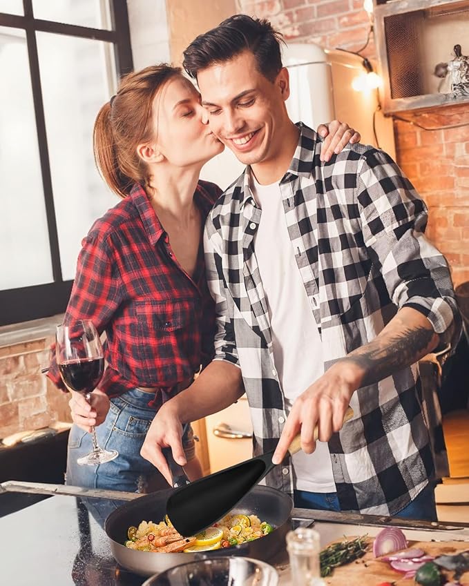 Cooking Spoon for Nonstick Cookwares, Great for Cooking and Serving Sturdy BPA-Free Matte Silicone, Wood Handle Spoon for Mixing, Scoop, and Scrape (2 Pack of Black, 11.4 inch)