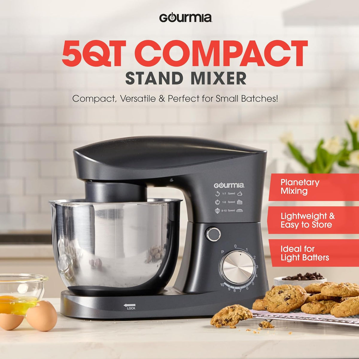 Gourmia 5 Quart 10-Speed Electric Stand Mixer with Bowl + Shield, Dough Hook, Whisk and Beater - Household Kitchen Standing Dough Maker Machine