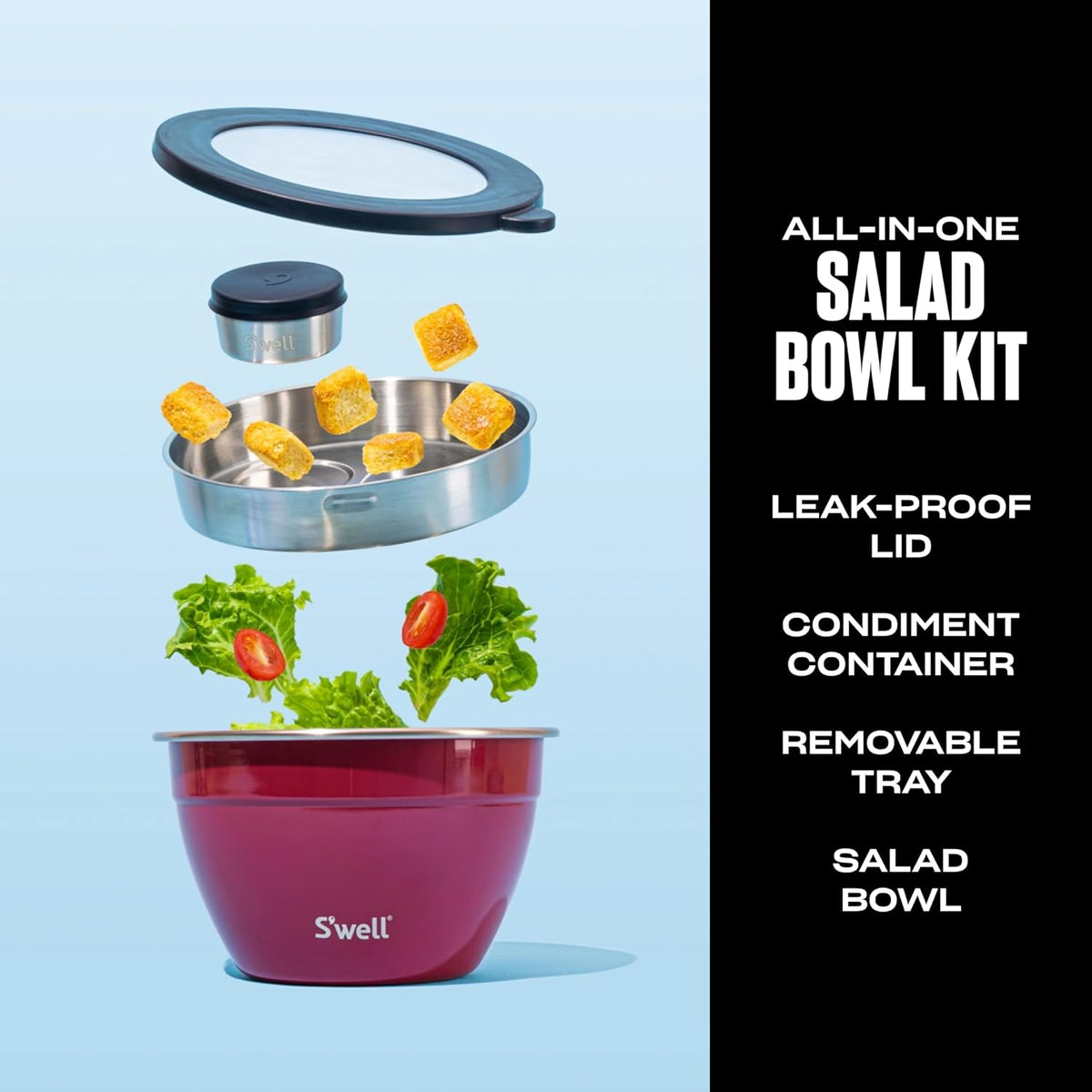S'well Stainless Steel Salad Bowl Kit 64oz, Wild Cherry, Comes with 2oz Mini Canister and Removable Tray for Organization, Leakproof, Easy to Clean, Dishwasher Safe (Pack of 8)