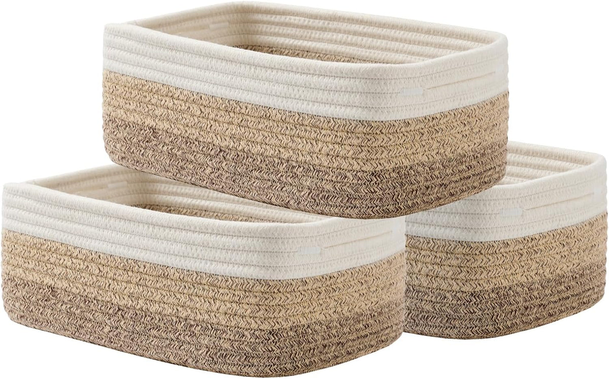 Small Woven Basket, 12 x 8 x 4.5 Inches, Storage Basket for Organizing, Cute Small Rope Shelf Closet Cube Storage Bins Baskets for Shelves, Dog Toy Gift Baskets Empty, 3 Pack Gradient Brown