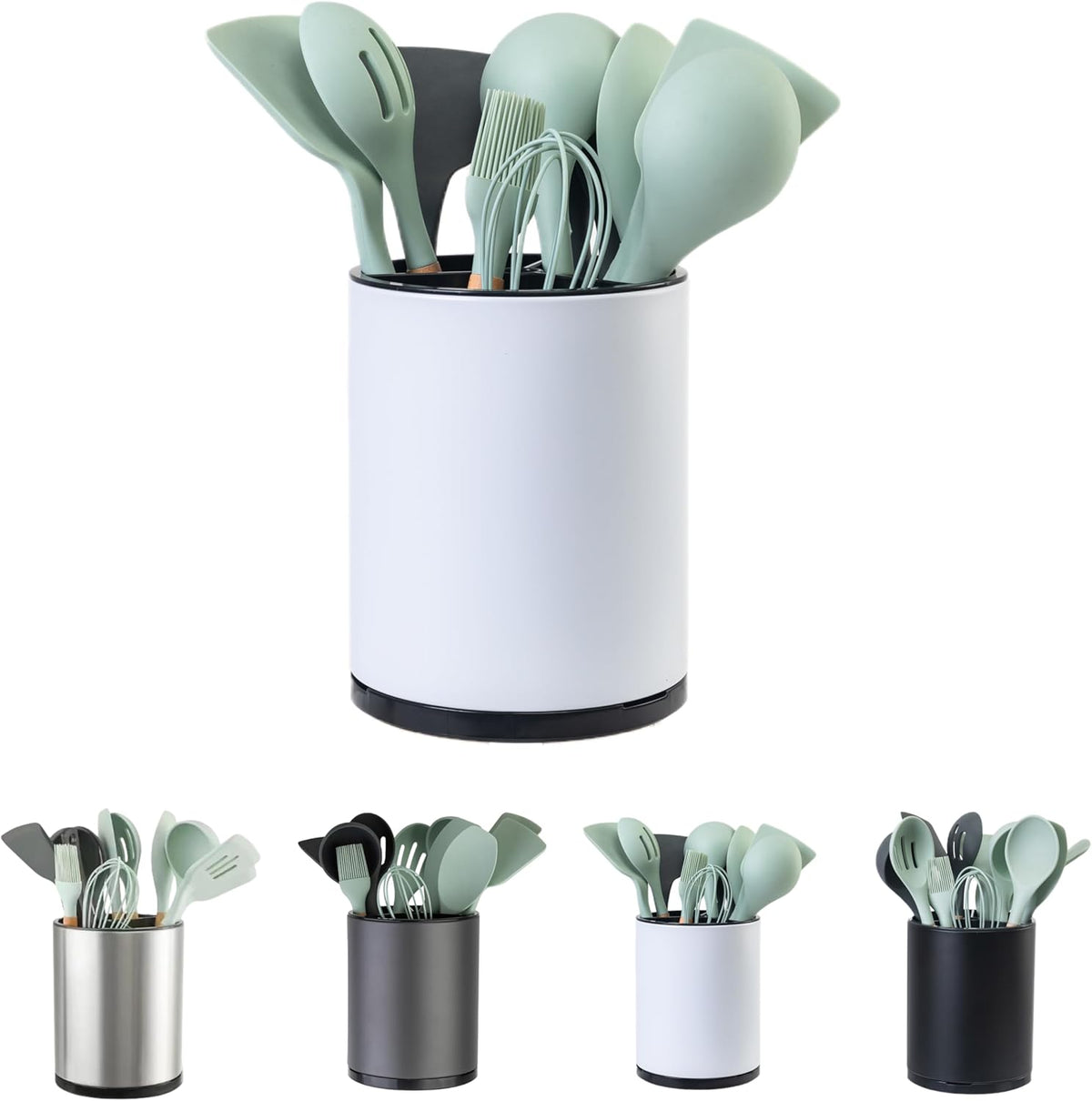 Kitchen Utensil Holder Extra Large 360°Rotating For Counter Organizer Stainless Steel Storage Cooking Silverware Caddy 3 Compartment Flatware Spoon Spatula Tool Cutlery Container(White)
