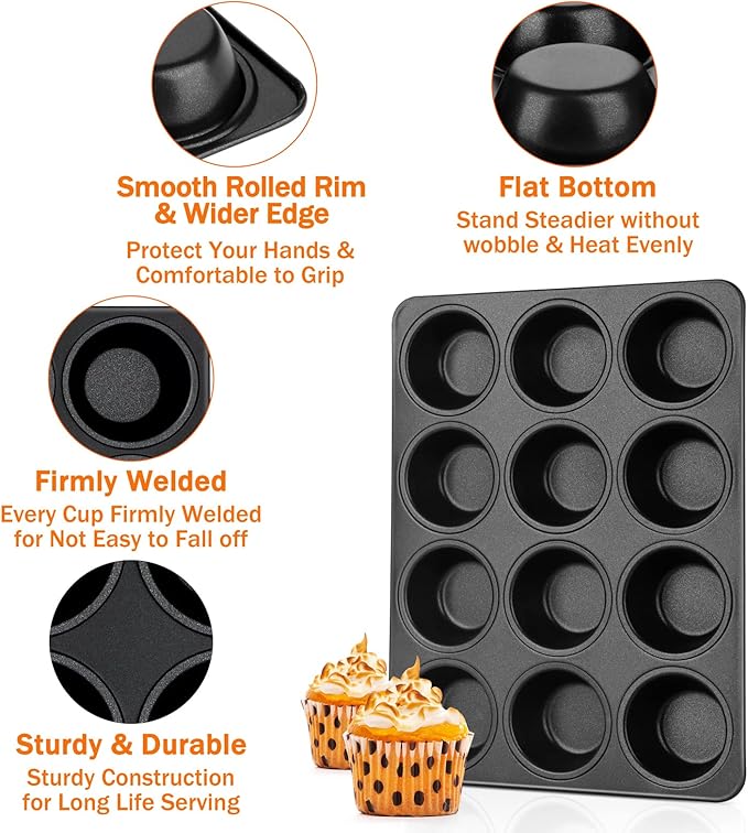 TeamFar Muffin Pan, 12 Cup Muffin Tin Cupcake Baking Pan with Stainless Steel Core & Nonstick Coating,for Making Mini Cakes Tarts, Healthy & Welded Firmly, Oven Safe & Anti-melt, Easy Release & Clean
