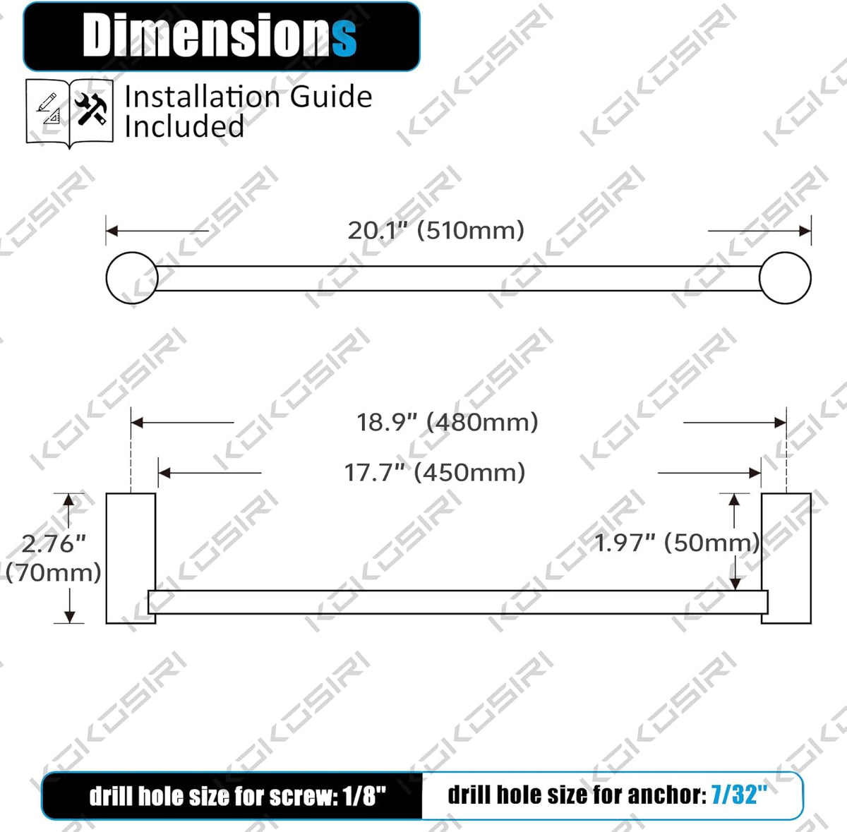 KOKOSIRI Bath Towel Bar for Bathroom 20 Inches Brushed Nickel Towel Rack for Lavatory Wall Mounted Bathroom Accessories Stainless Steel, B4007BR-L20