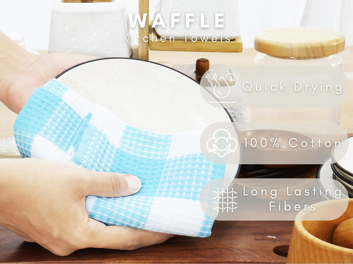 PurpleEssences 100% Cotton Waffle Weave Check Plaid Kitchen Towels, Super Soft and Absorbent Dish Towels for Drying Dishes 15 x 25-4 Pack - Spring Summer - Aqua Blue and White