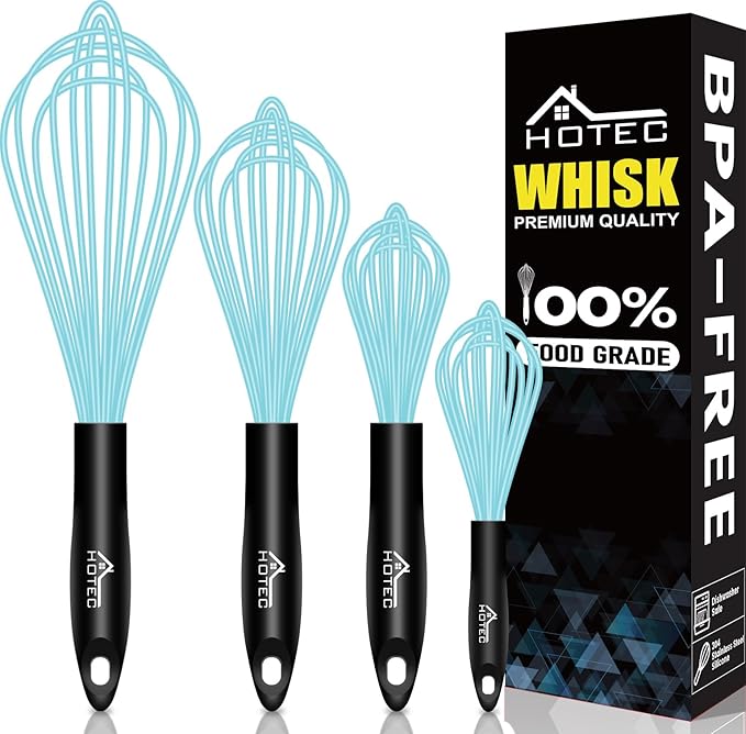 HOTEC 4 Pieces Silicone Whisks Set, Wire Balloon Whisks Egg Beater, Non-slip Handle Whisk for Non-stick Cookware Perfect for Cooking, Stirring, Beating and Blending (Blue)