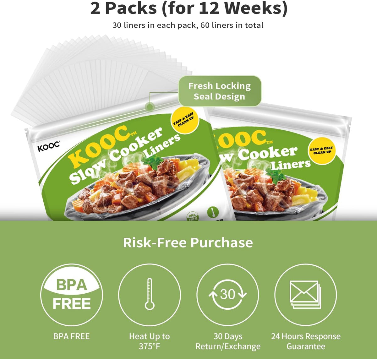 KOOC Slow Cooker Liners 13x21 inch 60 Count Large Size Disposable Plastic Bags Pot Liners Cooking Bags Fit 3QT to 8.5QT Pot BPA Free