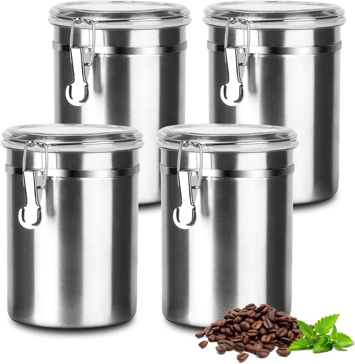 Coffee Canister 4 Pcs Stainless Steel Food Container with Clear Lids Airtight Container Stackable Canisters Kitchen Pantry Storage for Cereal, Snacks, Candy, Herbs, Spices, Sugar, Tea (1.8L Silver-4)