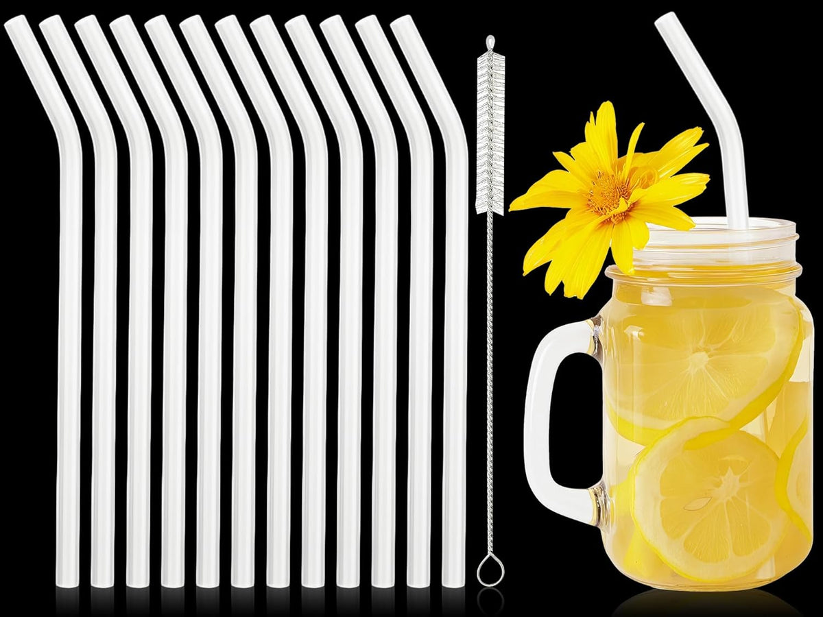 12 Pcs Reusable Glass Straws 8"x 8 mm Bent Glass Drinking Straws with Cleaning Brush for Tea, Smoothies, Milkshakes, Juices,Beverages(White jade)