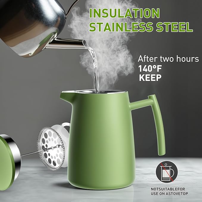 Secura 50oz French Press Coffee Maker – 304 Stainless Steel, Insulated Coffee Press with Extra Filter, Green