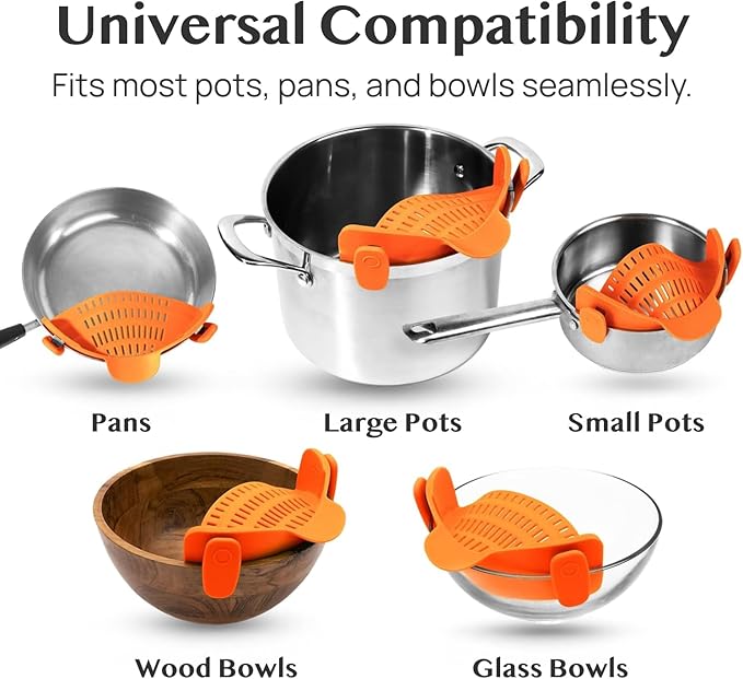 Kitchen Gizmo Snap N Strain Clip On Strainer for Pots and Pans - Adjustable Silicone Colander for Kitchen - Compact Clip-On Food Strainer for Draining Pasta and Vegetables - Orange
