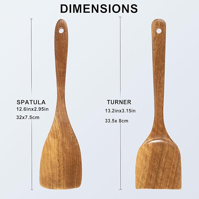 Wooden Spatulas, 2 PCs Natural Acacia Wooden Cooking Utensils Set for Non-stick Pan Kitchen Tool, flipping and Wok Spatula, Wooden Spoons & Spurtle for Cooking