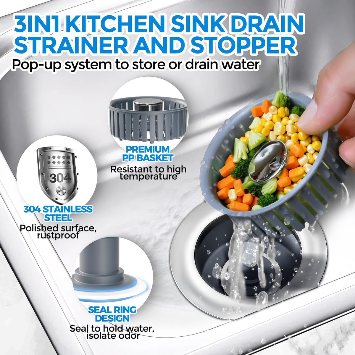 zaa 2 Pack 3 in1 Kitchen Sink Drain Strainer & Sink Stopper, Pop Up Stainless Steel Kitchen Drain Plug & Cover with Anti-Clogging Basket Strainer, Fit US Standard 3-1/2'' Drain Hole