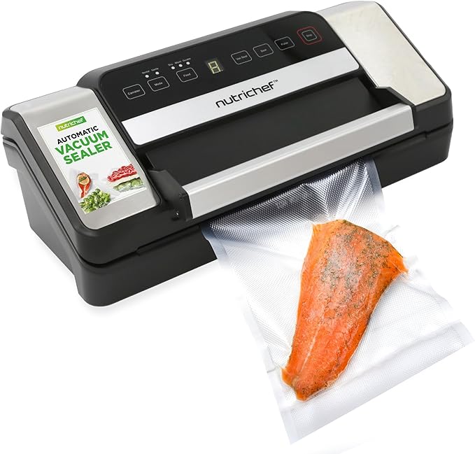 NutriChef Vacuum Sealer for Food with Easy Lock Handle, Countertop Vacuum Sealer Machine for Dry, Moist, Liquid Items, Works with Reusable Vacuum Seal Bags and Rolls, Preserves Freshness