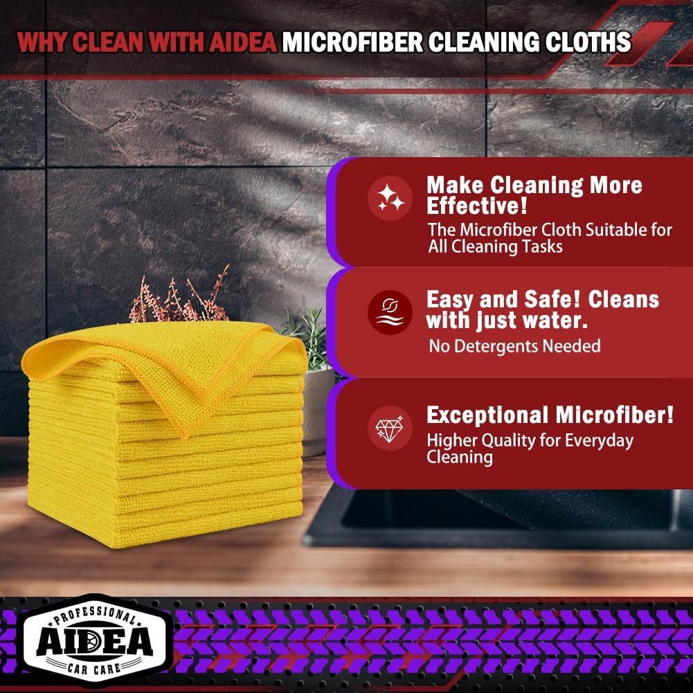 AIDEA Microfiber Cleaning Cloth, 10PK, Microfiber Towels for Cars, Premium All Purpose Car Cloths, Dusting Cloth Cleaning Rags, Absorbent Towels for SUVs, House, Kitchen, Window, 12"×12", Yellow