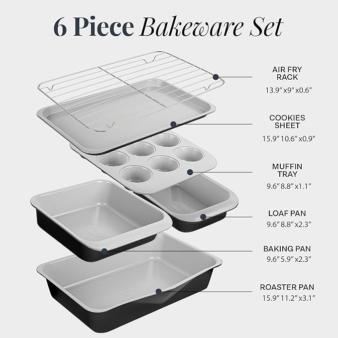 Gotham Steel 6 Pc Stackable Baking Pans Set, 70% Space Saving Design, Ceramic Bakeware Sets Non Toxic Made Without PFOA PFOS, with Cookie Sheet Tray, Cake & Muffin Pans, Oven & Dishwasher Safe