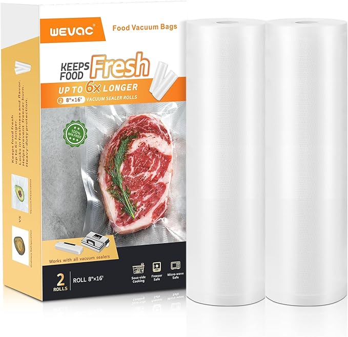 Wevac Vacuum Sealer Bag Rolls, 8"x16' (2 Rolls), Heavy Duty Food Storage for Sous Vide, Freezer, Meal Prep, Keep Food Fresh Longer