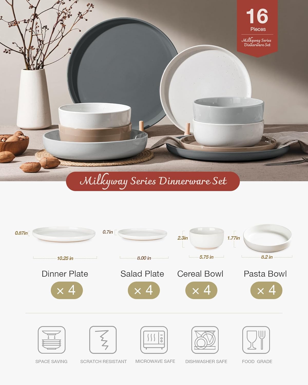 Famiware Milkyway Stoneware Dinnerware Sets with Pasta Bowls, Service for 4 (16 Pieces), Plates and Bowls Sets -Scratch Resistant, Microwave and Dishwasher Safe Dishes Set, Multi-color