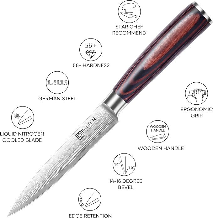PAUDIN Utility Knife, 5 Inch Chef Knife, Ultra Sharp High Carbon Stainless Steel, Multipurpose Paring Knife for Fruit and Vegetable Cutting with Wooden Handle, Premium Gift Box