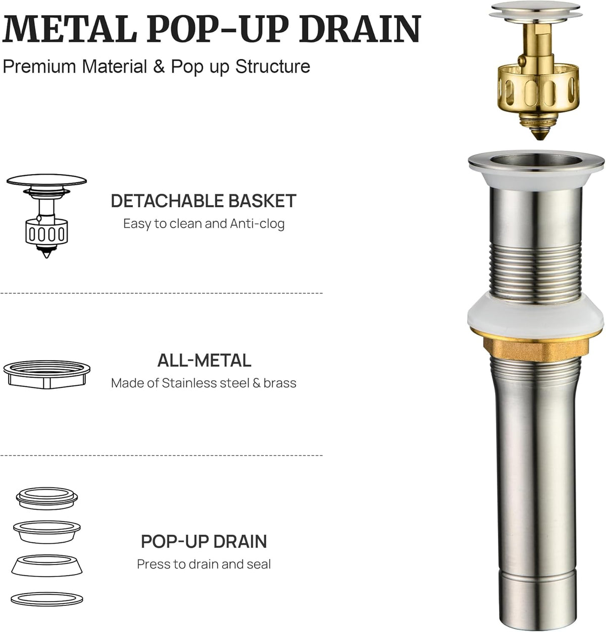Pop up Sink Drain Stopper for Bathroom Vessel Vanity Sink Art Basin Brushed Nickel, Small Cap Without Overflow, Metal Pop-up Drain Strainer with Detachable Basket Stopper