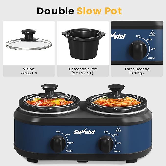 Double Slow Cooker,2 Removable Pots Small Mini Crock Buffet Server and Warmer with Adjustable Temp, Visible Glass Lids, Dishwasher Safe, 2 x 1.25 Quart, Blue