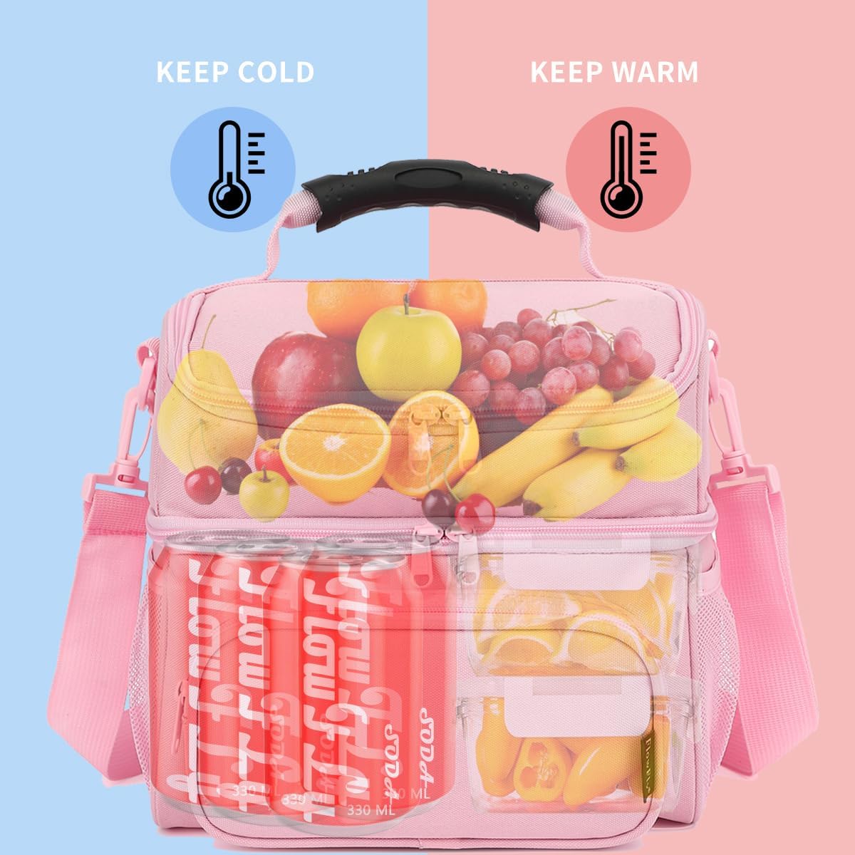 FlowFly Double Layer Cooler Insulated Lunch Bag Adult Lunch Box Large Tote Bag for Men, Women, With Adjustable Strap,Front Pocket and Dual Large Mesh Side Pockets