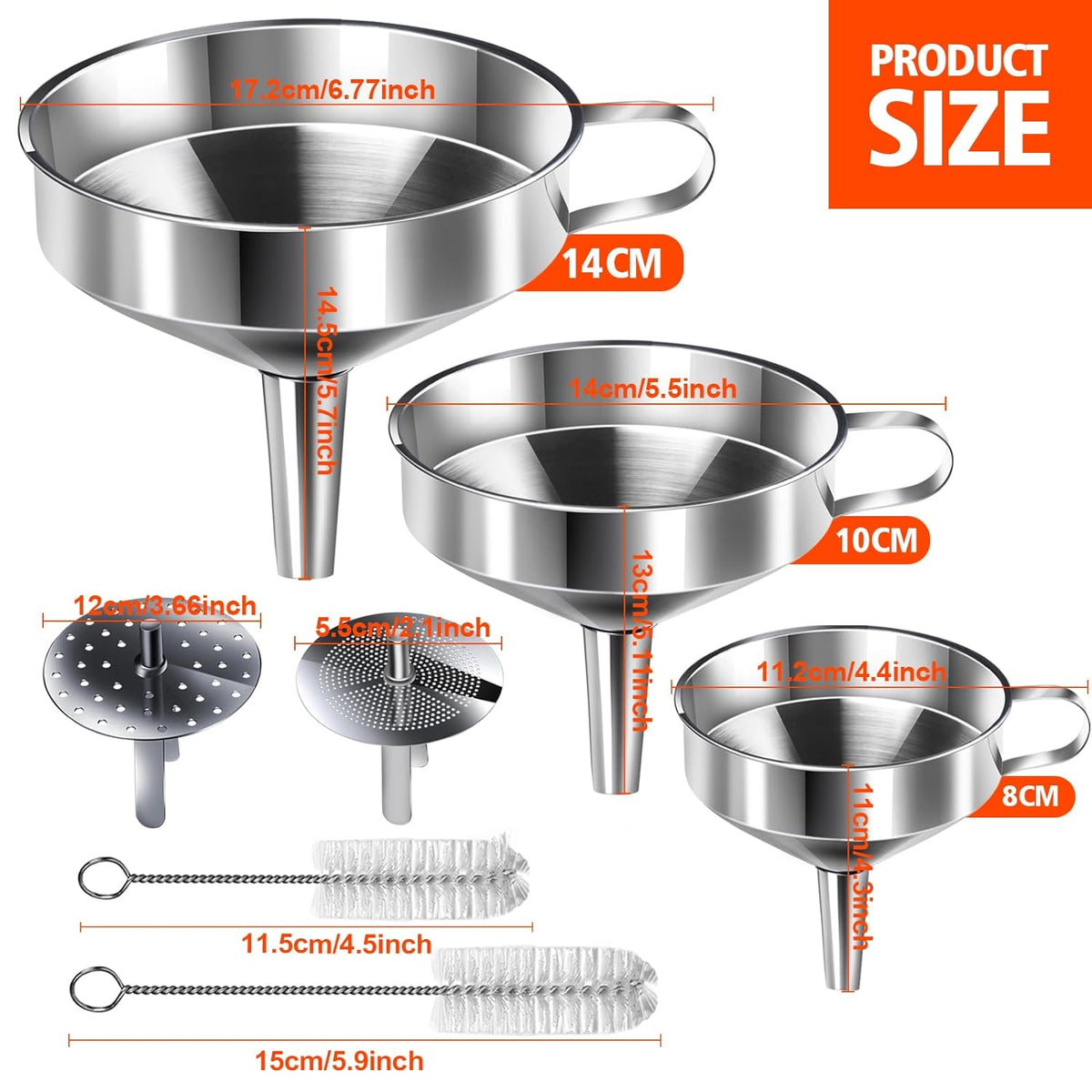 YGDZ Stainless Steel Funnel, 3PCS Kitchen Funnels for Filling Bottles Set, Large Food Grade Metal Funnel with 3pcs Removable Strainer, 2pcs Brushes, Funnels for Kitchen Use, Bottle Funnel for Liquid