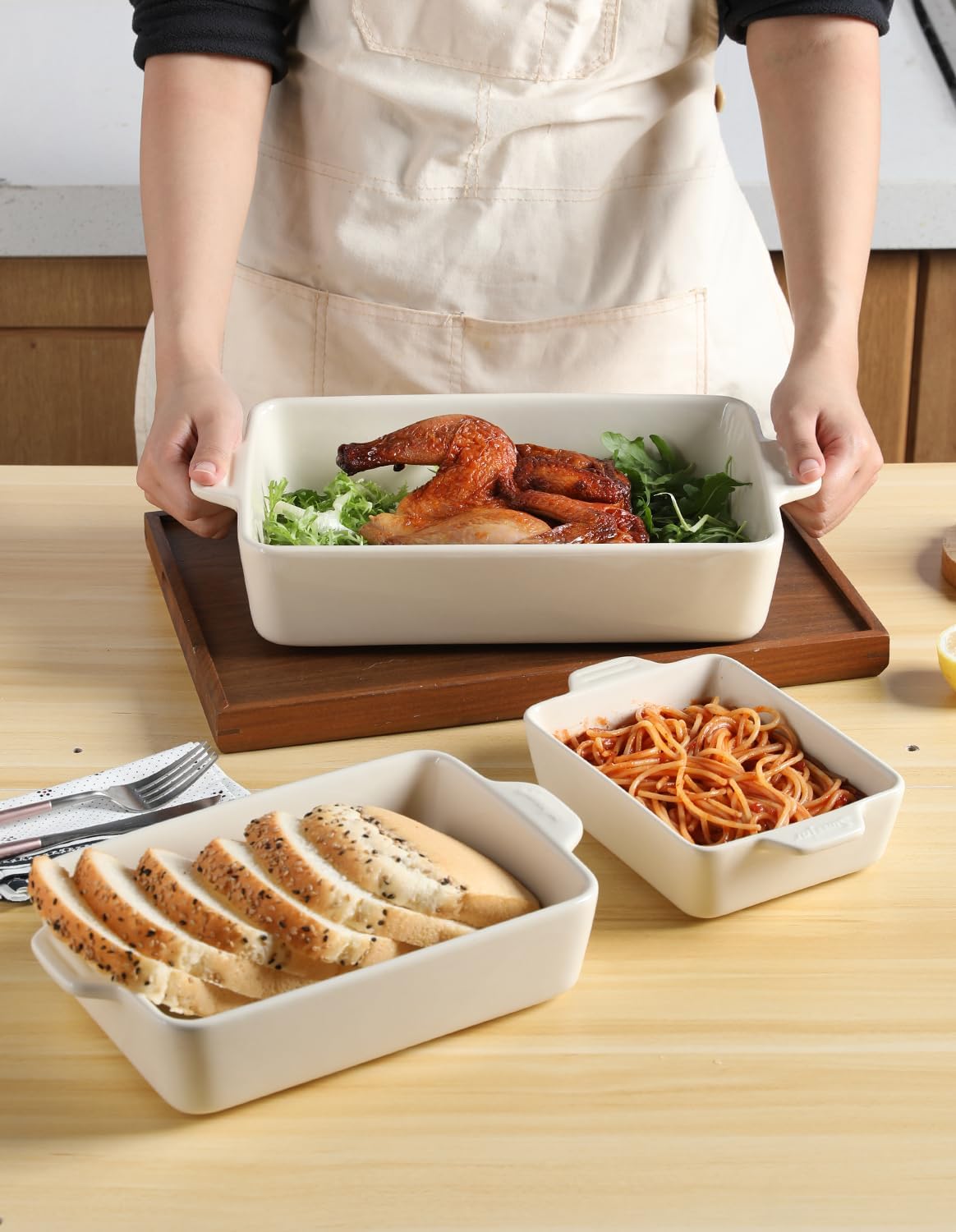 Sweejar Ceramic Bakeware Set, Rectangular Baking Dish for Oven Lasagna Pans for Cooking, Kitchen, Cake Dinner, Banquet and Daily Use, 11.8 x 7.8 x 2.76 Inches of Casserole Dishes (Beige)