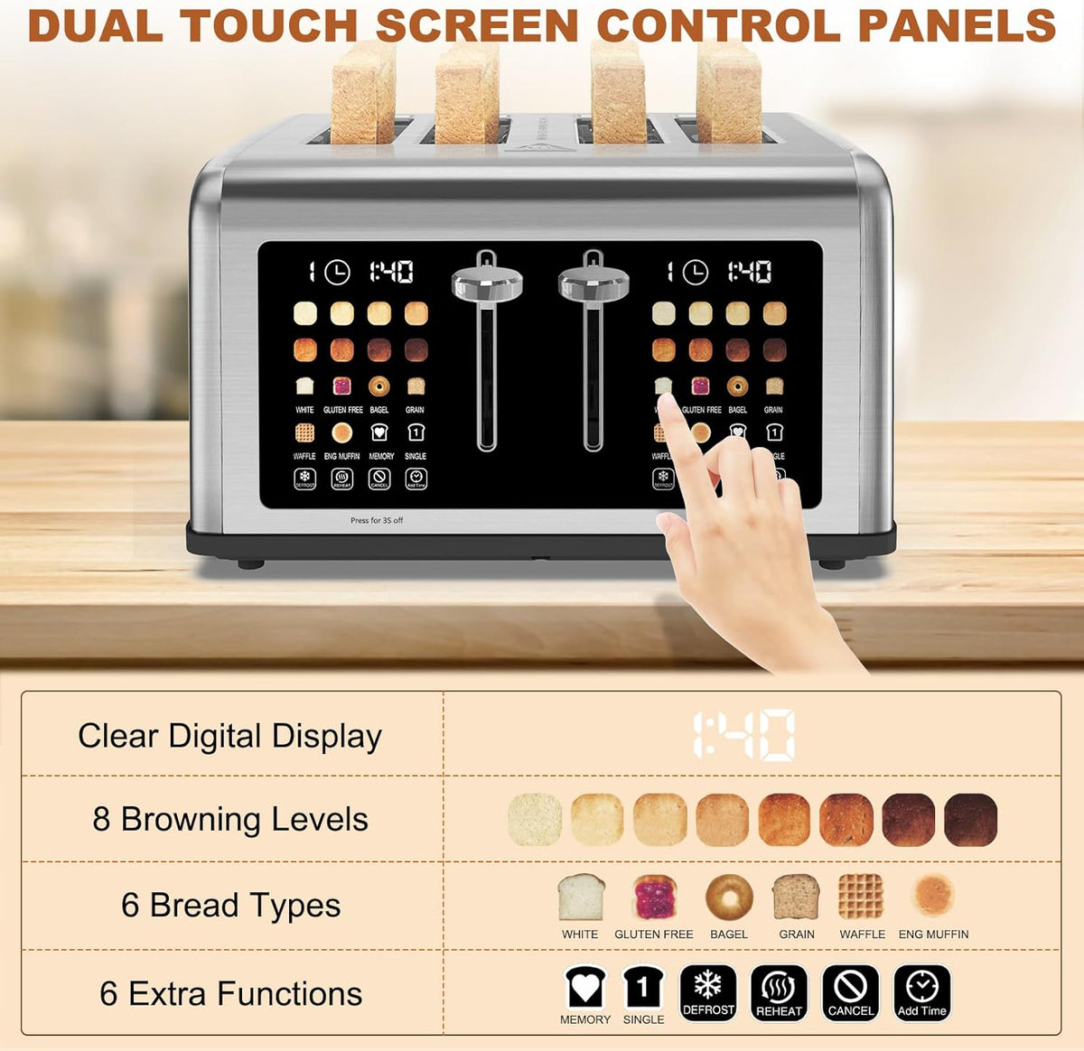 4 Slice Toaster Touch Screen, Stainless Steel Toasters Digital Timer, Dual Control Panel Toasters, 8 Shade Settings 6 Bread Types for Bagel, Cancel, Defrost 1650W