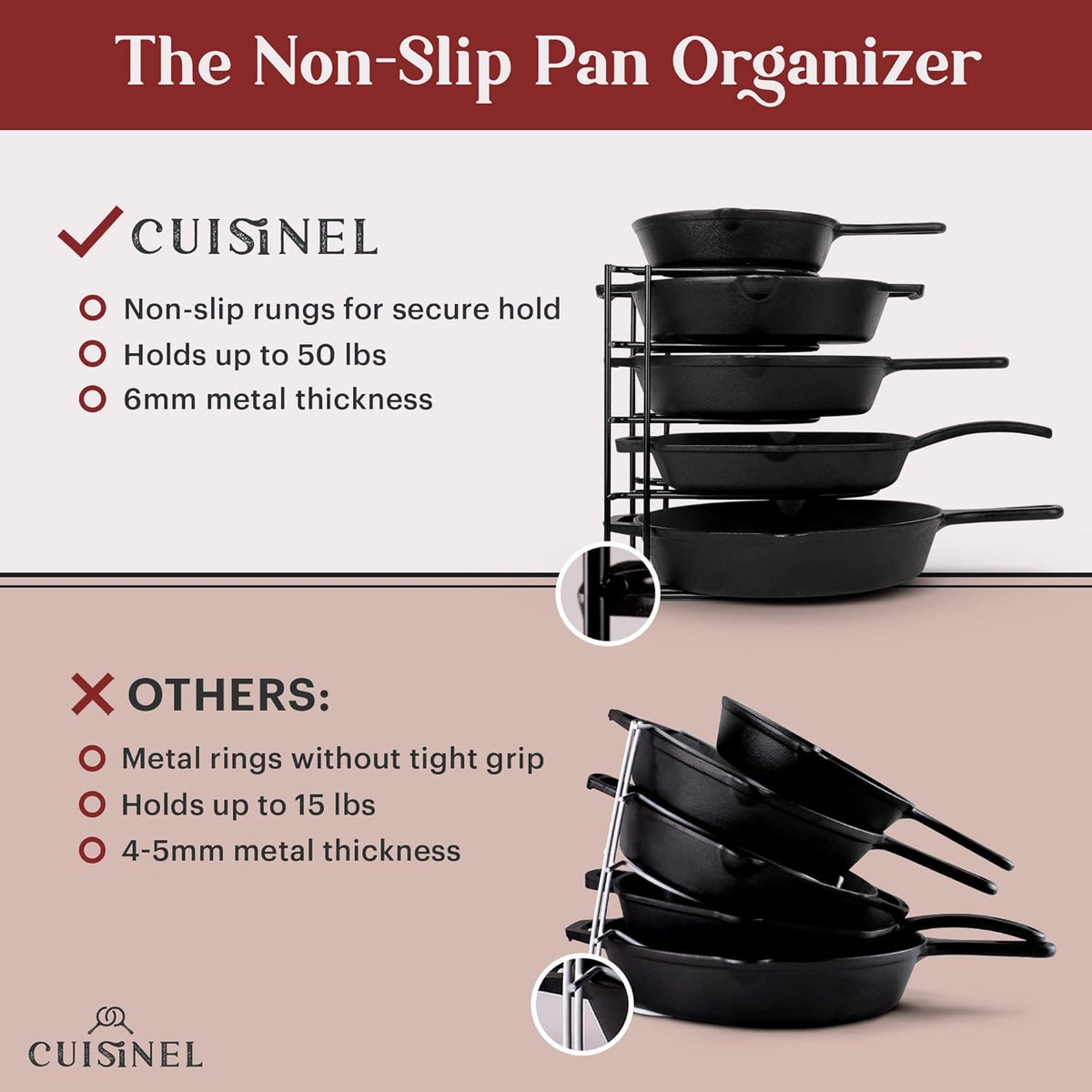 Cuisinel Pots and Pans Organizers - 2-Pack of Silicone-Coated Non-Slip 12" Heavy Duty Skillet Rack - Kitchen Organization Storage - Holds Cookie Sheets, Cutting Boards, Cast Iron Cookware, Dish Stand