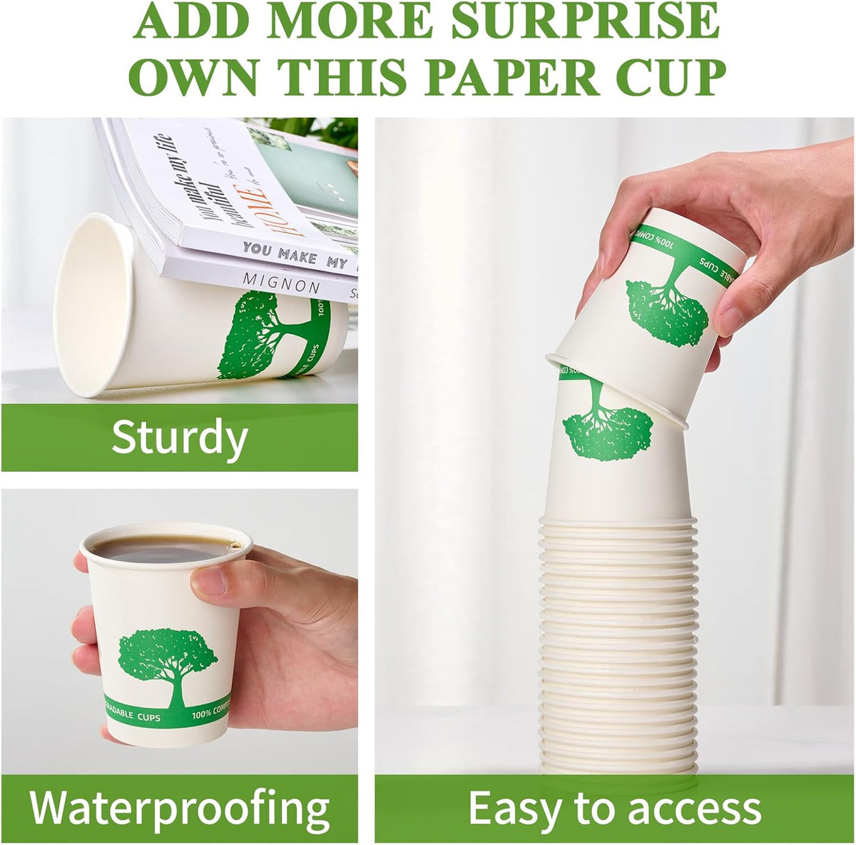 Vplus 400 Pack Compostable Paper Cups, 8 oz Paper Coffee Cups, Biodegradable Disposable Paper Cups, Eco-friendly Hot Drinking Cups for Party, Picnic,and Events